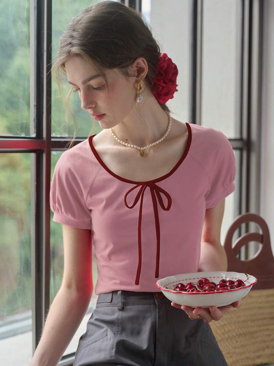 Simple Retro 女性圓領拉繩拼色針織T卹，夏季 - 粉色 - 查看 1