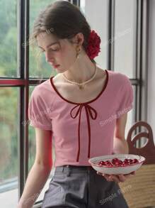 Simple Retro Women Round Neck Drawstring Color Block Knitted T-Shirt, Summer