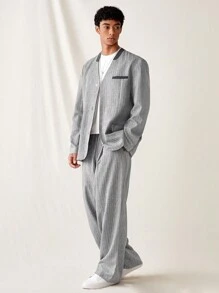 Manfinity VCAY 男士編織時尚日常休閒純色寬腿西裝，2件套裝包括長袖西裝外套和褲子 - 淺灰色 - 查看 4