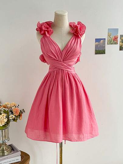 Soleia WYWH Holiday Ladies Summer Romantic Pastoral Pink Exaggerated Ruched Collar V-Neck Chest Cup Pleated Exposed Back Cross Straps Cross Waist Elastic Waist A-Line Short Dress Romantic Wedding Season