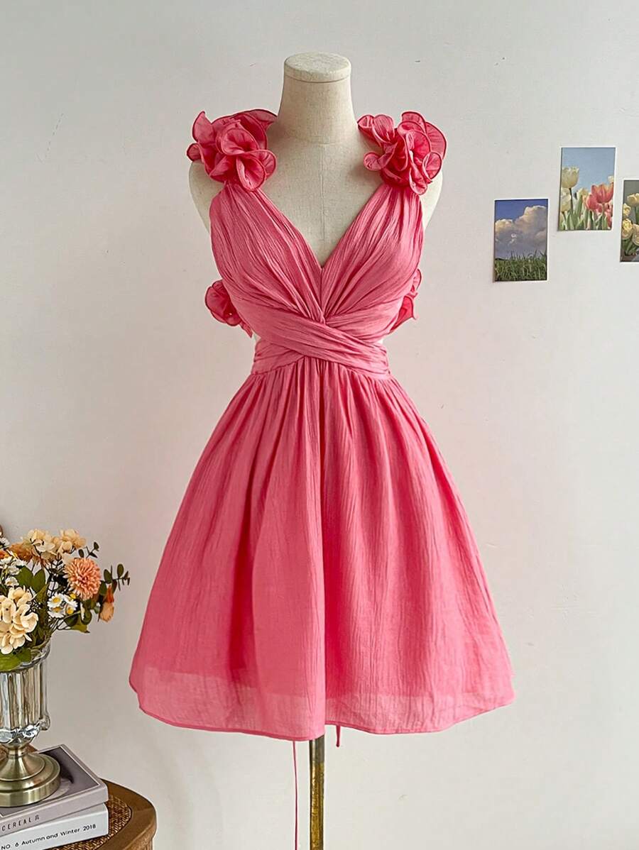 Soleia WYWH Holiday Ladies Summer Romantic Pastoral Pink Exaggerated Ruched Collar V-Neck Chest Cup Pleated Exposed Back Cross Straps Cross Waist Elastic Waist A-Line Short Dress Romantic Wedding Season - Pink - View 1