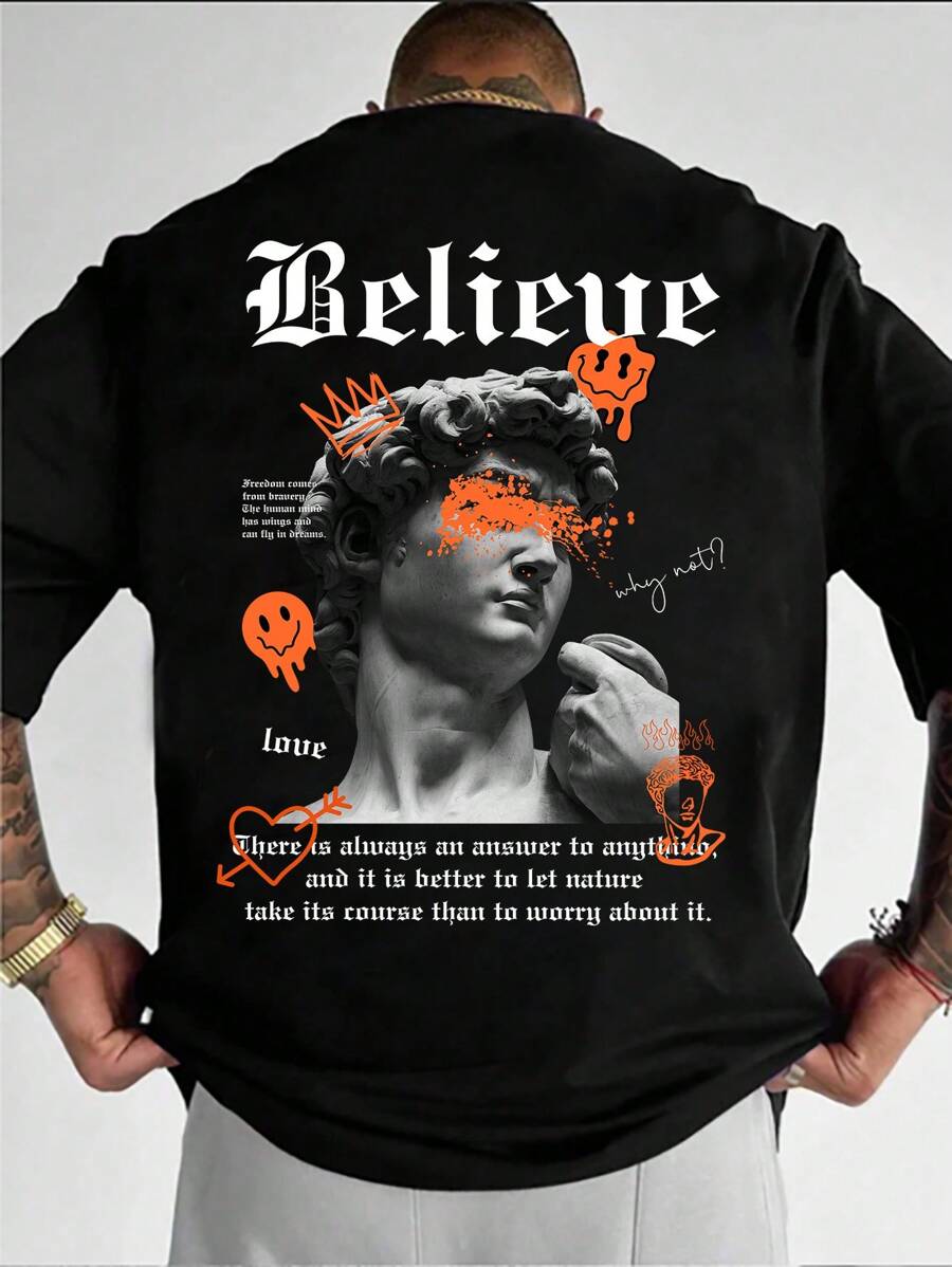 Manfinity Roughcore Men Funny Sculpture Printed Round Neck Short Sleeve T-Shirt, For , Friends, Graphic T Shirt Statue Tee, David Men's Statement 2000s Style - Black - View 1