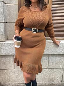 SHEIN LUNE Robe pull élégante pour le travail/les occasions formelles, en couleur unie, en tricot, avec encolure ronde, garniture de volants et manches longues, longueur mi-mollet, pour femmes en taille forte, pour l'automne/l'hiver