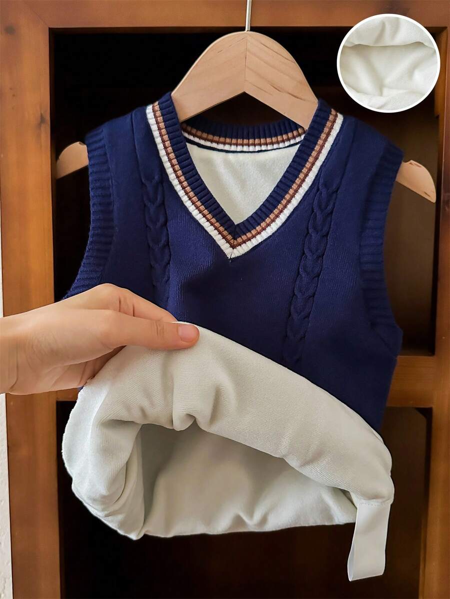 SHEIN Áo vest len hai lớp dáng rộng dành cho nam trẻ 1 phong cách đại học có đường viền cổ chữ V, lót nhiệt để tạo sự thoải mái và ấm áp. Thích hợp đi học, họp mặt, mùa về, đám cưới và tiệc tùng. - Màu xanh hải quân - Xem 1