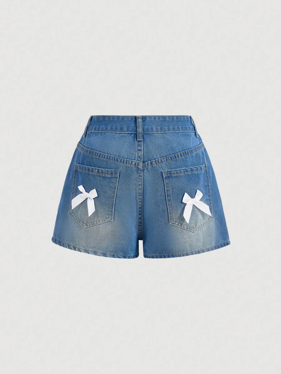 SHEIN MOD 女士簡約蝴蝶結休閒夏季牛仔短褲 - 中等水洗藍 - 查看 1