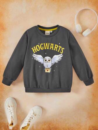 HARRY POTTER X SHEIN Young Girl Cartoon Owl And Letter Printed Casual Long Sleeve Round Neck Sweatshirt,Hedwig