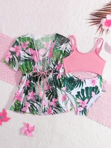 SHEIN Young Girl One-Piece Swimsuit With Random Print Design And Matching Cover-Up - Baby Pink - View 1