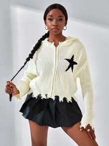 SHEIN Teen Girl Hooded Five-Pointed Star Edge Casual Daily Cardigan Sweater, Suitable For Everyday Wear And School - Green - View 1