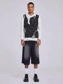 ROMWE MEN Men's Simple Knitted Sweater, Daily Wear - Black and White - View 2