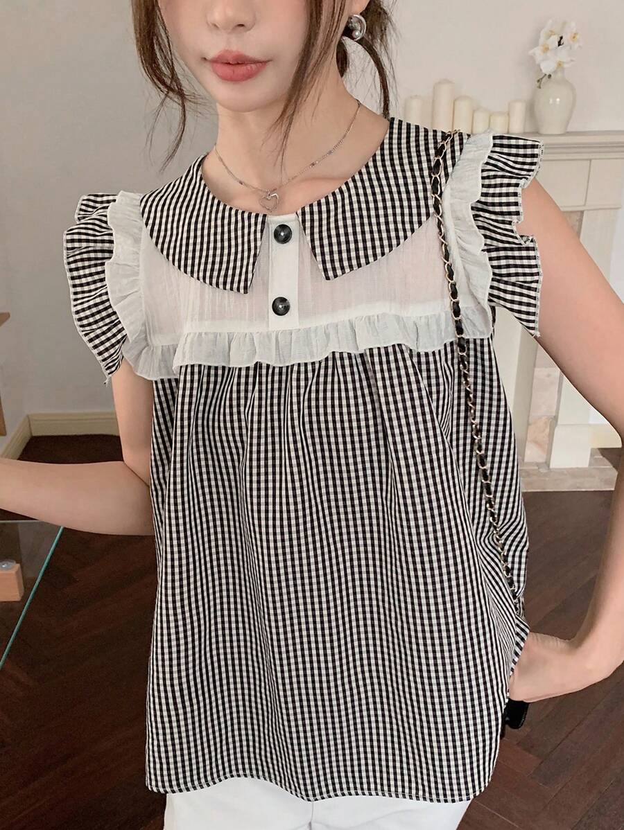 EastFlair Women's  Loose Fit Casual Short Sleeve Shirt With Frill Trim And Checked Pattern Detail - Black - View 1