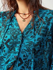 Bohemela Vacation Blue Retro Printed Loose Fit Women's Long Sleeve Shirt, Fall