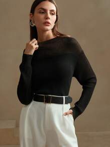 Anewsta Women's Solid Color Simple Daily Wear Long Sleeve Pullover Sweater Knit Pullover Fall Winter Outfit - Black - View 3