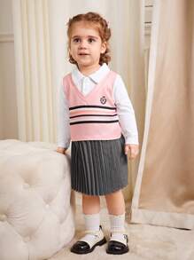 SHEIN Baby Girl Contrast Color Collegiate Style Sweatshirt With Striped Letter Print & Turndown Collar, Half Placket + Pleated Skirt, Suitable For Outgoing, Leisure, Party Wear, Autumn - Pink - View 3