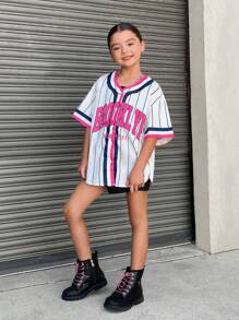 SHEIN Tween Girl Cool Street Style Woven Stripe Short Sleeve Shirt For Spring/Summer