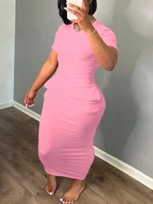 SHEIN Cộng với đầm bodycon Ruffle Trim cho mùa hè - Hồng - Xem 3