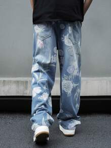 Manfinity EMRG Floral Printed Casual Jeans With Pockets Graphic Wide Jeans Long Baggy Floral Light Blue Washed Cargo Jeans, For Husband, Boyfriend Gifts Going Out Hang Out Vacation Street Urban