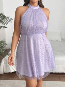 SHEIN Privé Plus Size Women's Cute Lavender Summer Sheer Polka Dot Dress With Heart Pattern,Wedding Guest Bow Tie Waist Dress For Dinner Parties - Mauve Purple - View 5