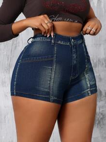 SHEIN SXY Plus Size Women's Solid Color Simple Style Denim Shorts, Daily Wear - Dark Wash - View 3