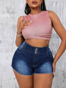Slaydiva Plus Size Women's Plain Simple Denim Shorts, Casual - Dark Wash - View 5