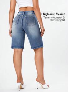 SHEIN EZwear 夏季高腰百慕達丹寧短褲 - 藍色 - 查看 2