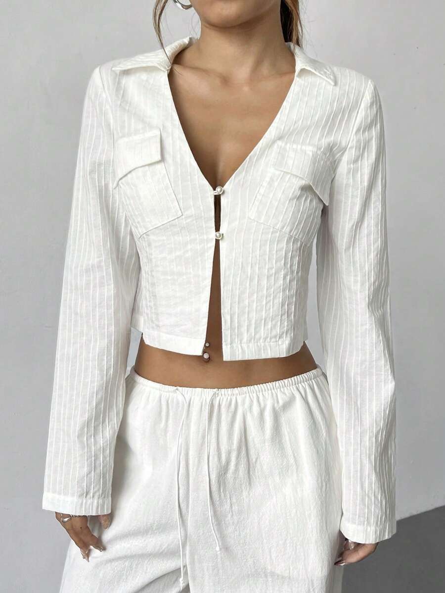 SHEIN Unity Camisa feminina de manga longa simples e básica, para uso diário - Branco - Visão 1
