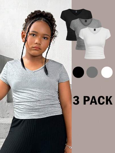 SHEIN Tween Girl Extended Size Casual Enfärgad T-shirt med rund hals och rynkad sida, flera delar