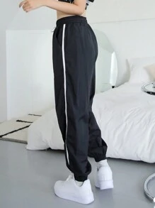 DAZY Contrast Tape Drawstring Waist Joggers Fall - Black - View 6