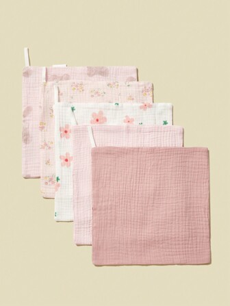 5pcs Baby Bibs, 100% Cotton Comfortable Square Towel Saliva Towel Multipurpose Breathable Flower Pattern