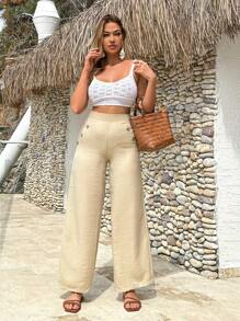 EURMUSE Beige Wide Leg Pants With Button Detail - Beige - View 5