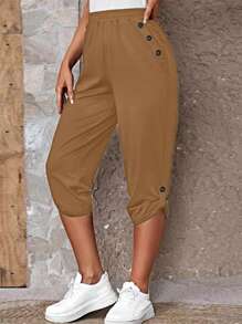 SHEIN LUNE Plus Size Women's Solid Color Simple Daily Wear Button Pants