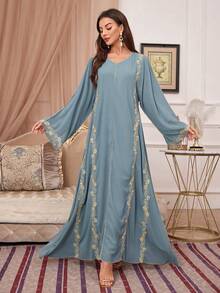 优雅花卉刺绣朴素长袖女式连衣裙，春夏 - 藍色 - 查看 6