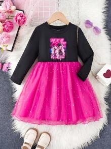 SHEIN Vestido de malla con contraste para niñas pequeñas con estilo millennial - Multicolor - Ver 1