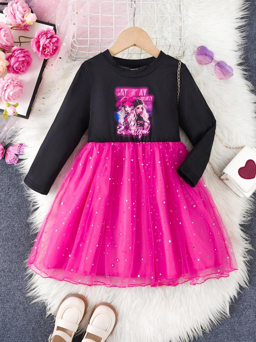 SHEIN Vestido de malla con contraste para niñas pequeñas con estilo millennial - Multicolor - Ver 1