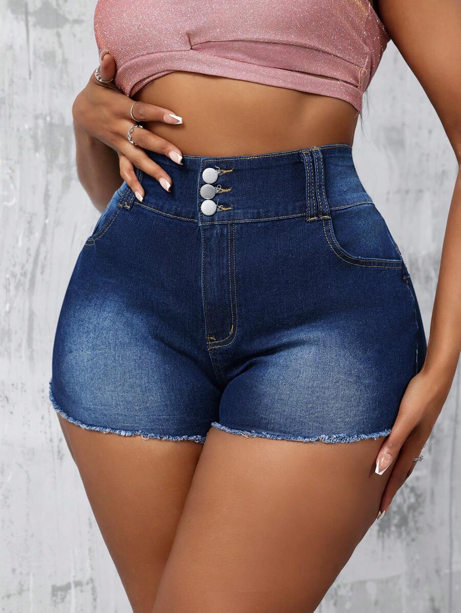 Slaydiva Plus Size Women's Plain Simple Denim Shorts, Casual - Dark Wash - View 1