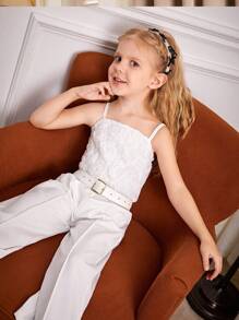 SHEIN 女童日常/通勤連身褲，白色，上半身為玫瑰網眼拼接，下半身為白色編織布料，配有白色腰帶 - 白色 - 查看 6