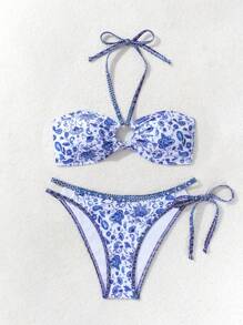 Swim Mod Women's Flower Printed Halter Neck Bikini Set With Circular Link, Summer Beachwear