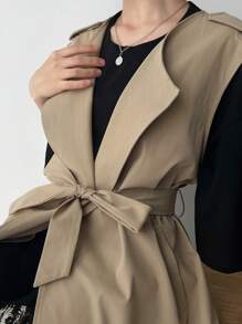FRIFUL Ladies' Solid Color Lapel Sleeveless Tie-Front Regular Jacket, Casual And Daily Wear Vest Women Coats - Khaki - View 5