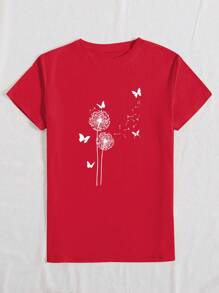 INAWLY Áo thun nữ tay ngắn thường ngày mùa hè có họa tiết bồ công anh và bướm cổ tròn cho quần áo năm mới Áo thun họa tiết cho nữ - Đỏ - Xem 6