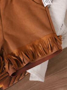 寶寶女孩圓領蕾絲短袖上衣和口袋短褲套裝，帶有字母印花 - 棕色 - 查看 5