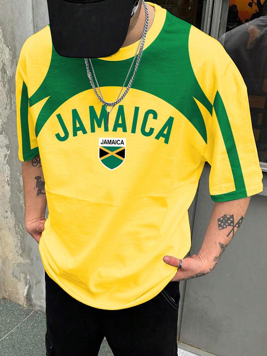 Manfinity EMRG Men's Simple Color-Block Round Neck Short Sleeve Daily Wear Jamaica Letter Print T-Shirt For Summer - Multicolor - View 1