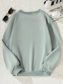 SHEIN 秋冬款 Tween Girl 休闲圆领套头羊毛运动衫，带有简单的恐龙图案 - 綠色 - 查看 2