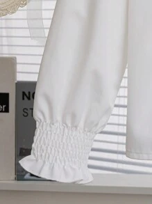 SHEIN Holiday,Summer,TravelTween Girl Casual Elegant Korean Style Wood Frill Trim Peter Pan Collar White Shirt, Long Sleeve - White - View 6