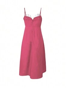 女士拼接派對風格肩帶連身裙 - 玫紅色 - 查看 2