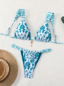 SHEIN Swim Women's Vacation Matching Printed Bikini Set, Random Print Pattern Summer Beach