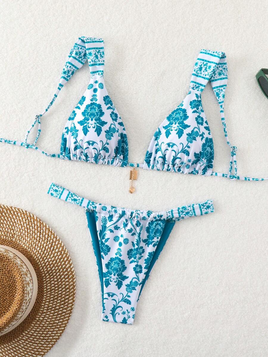 SHEIN Swim Women's Vacation Matching Printed Bikini Set, Random Print Pattern Summer Beach