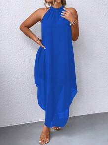 Linhara Plus Size Women's Solid Color Simple Daily Open Shoulder Dress Maxi Women Outfit - Teal Blue - View 1