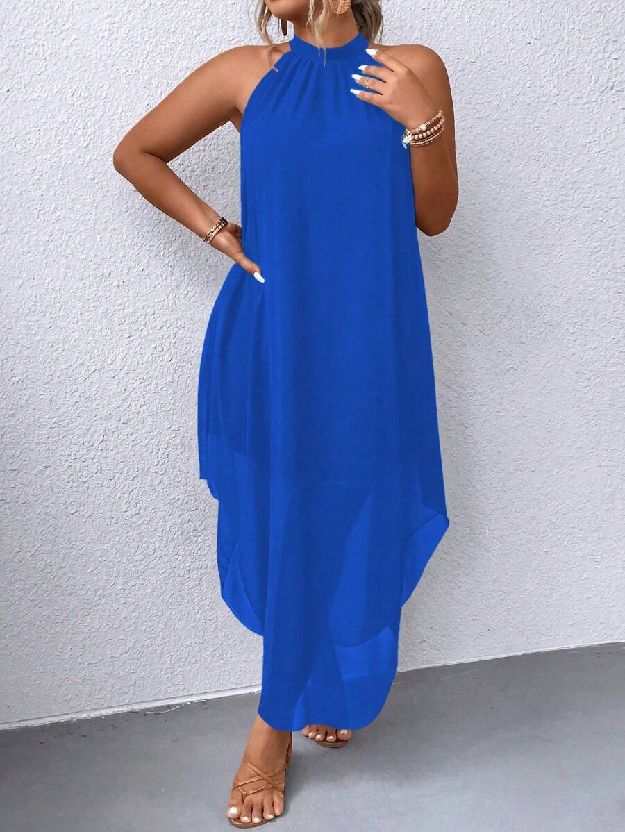 Linhara Plus Size Women's Solid Color Simple Daily Open Shoulder Dress Maxi Women Outfit - Teal Blue - View 1