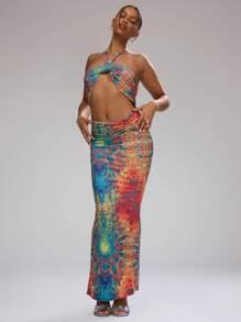 MUSERA Print Cut Out Halter Neck Maxi Dress Ibiza Fits Boho Spring Vacation Summer Festival - Multicolor - View 4