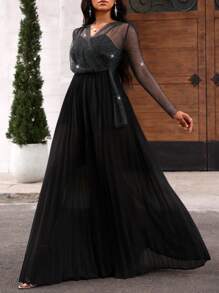 SHEIN Lady Elegant Shiny Textured Mesh & Chiffon Pleated 2 In 1 Jumpsuit For Women's Party - Black - View 6