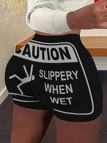 Plus Size Women's Summer Shorts, Letter Printed Skinny Shorts - Black - View 6